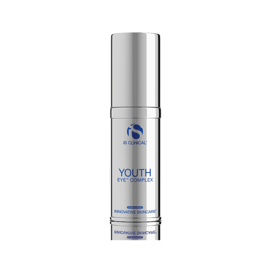A silver bottle of iS Clinical Youth Eye Complex with blue text and logo stands upright against a white background. This eye treatment uses powerful peptides and advanced technologies to promote youthful-looking eyes.