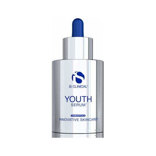 A silver and blue dropper bottle of iS Clinical Youth Serum stands upright on a white background, highlighting Innovative Skincare’s bio-identical growth factors.